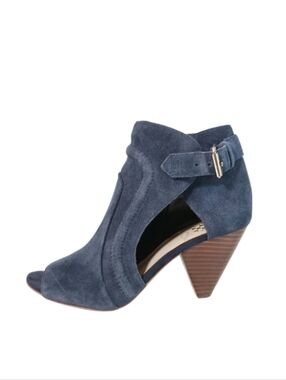 Vince Camuto Heels Women's 6 Blue Suede Cone Heel Peep-Toe Buckle Boho Shoes